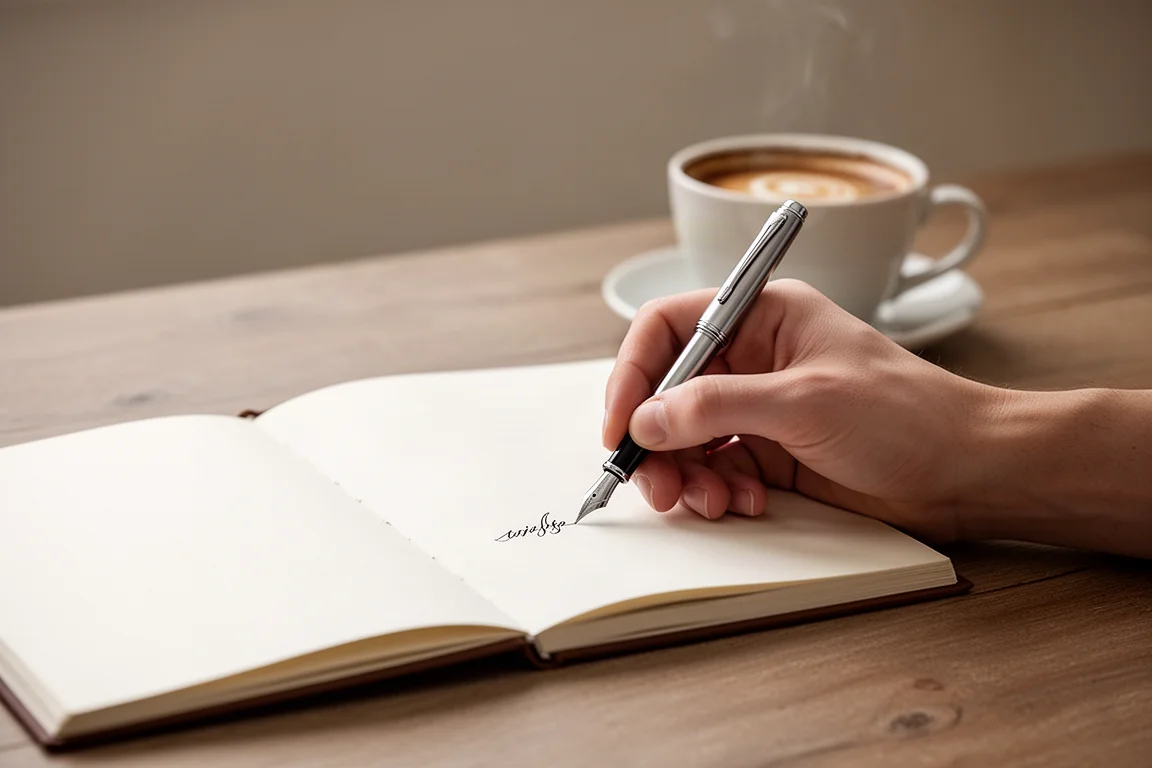 Mão escrevendo confortavelmente com uma caneta-tinteiro em um caderno de papel sobre uma mesa