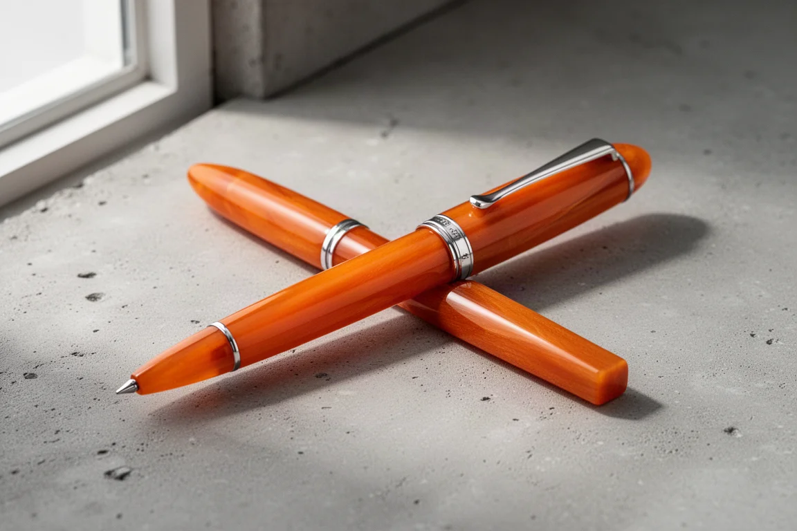 Kilk Orient fountain pen with orange pearlescent resin and sterling silver trim on concrete surface