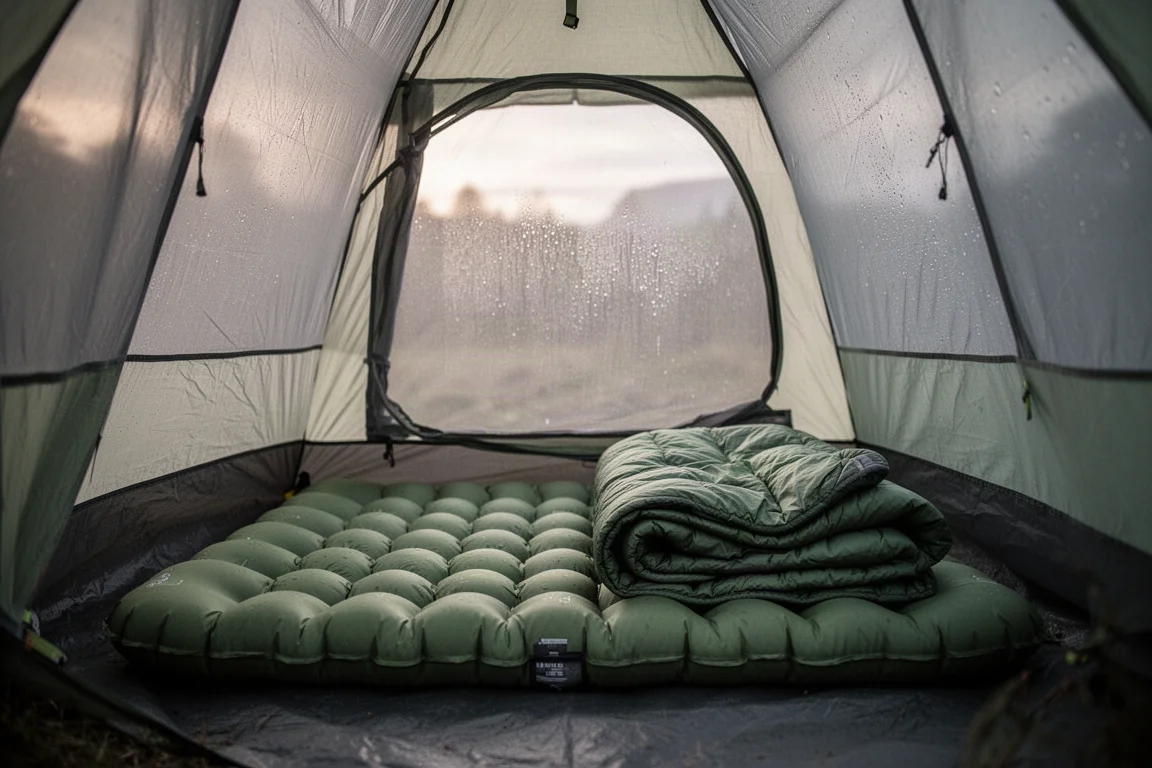 Tent voor backpacken op een alpenweide bij zonsopgang met een gewatteerde slaapmat zichtbaar binnen