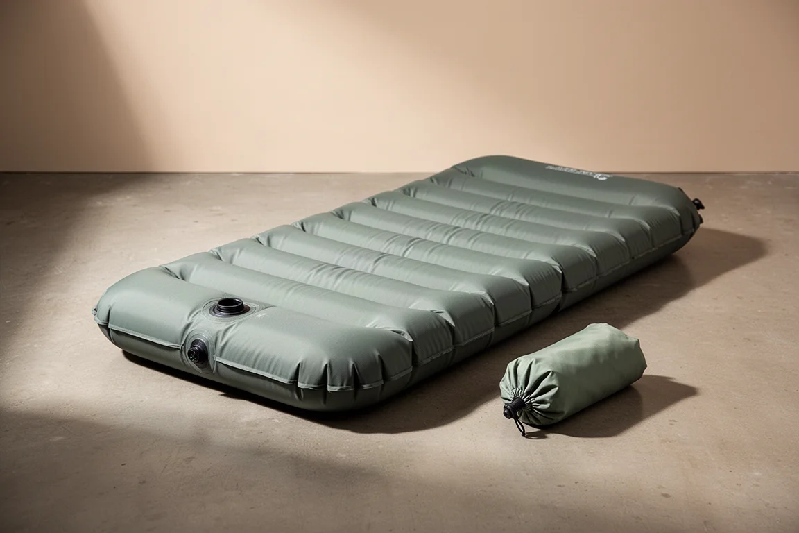 Quilted inflatable sleeping pad and pump sack arranged on a matte concrete surface
