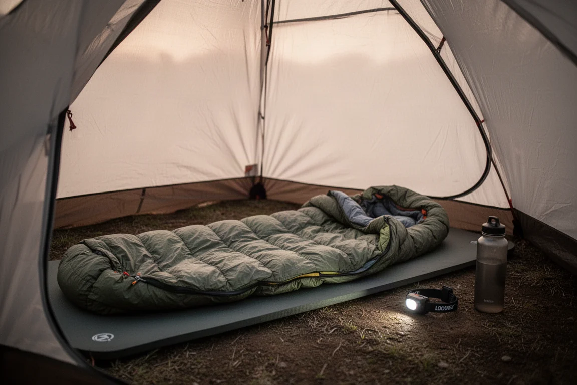 Colchoneta ancha y edredón extendidos dentro de una tienda de acampada al amanecer