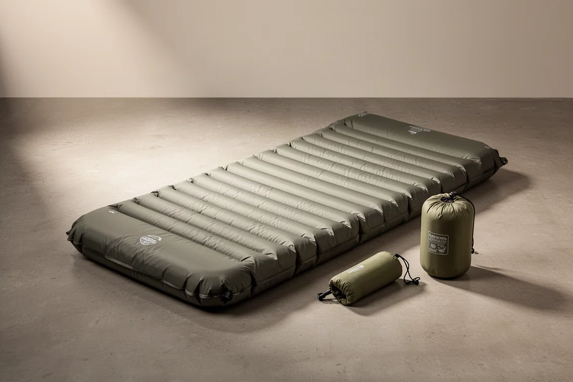 Quilted rectangular camping sleeping pad on a concrete floor beside its stuff sack