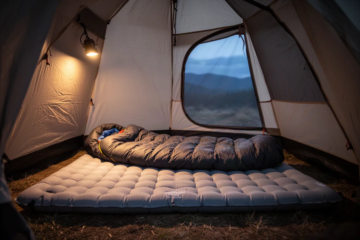 Wide rectangular sleeping pad and sleeping bag inside a backcountry tent at dusk