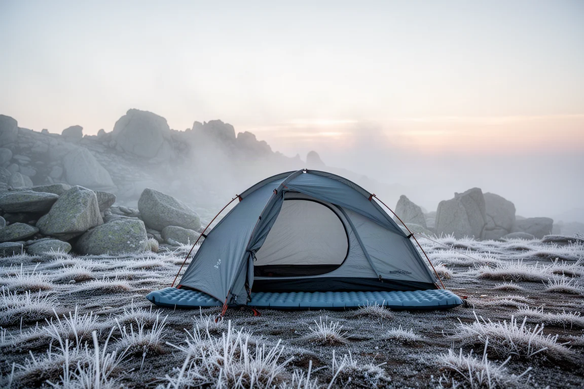 Small tent pitched on frost-covered alpine ground at first light with low mist