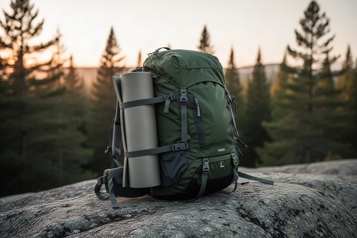 Rolled camping sleeping pad strapped to a hiking backpack on granite at sunrise