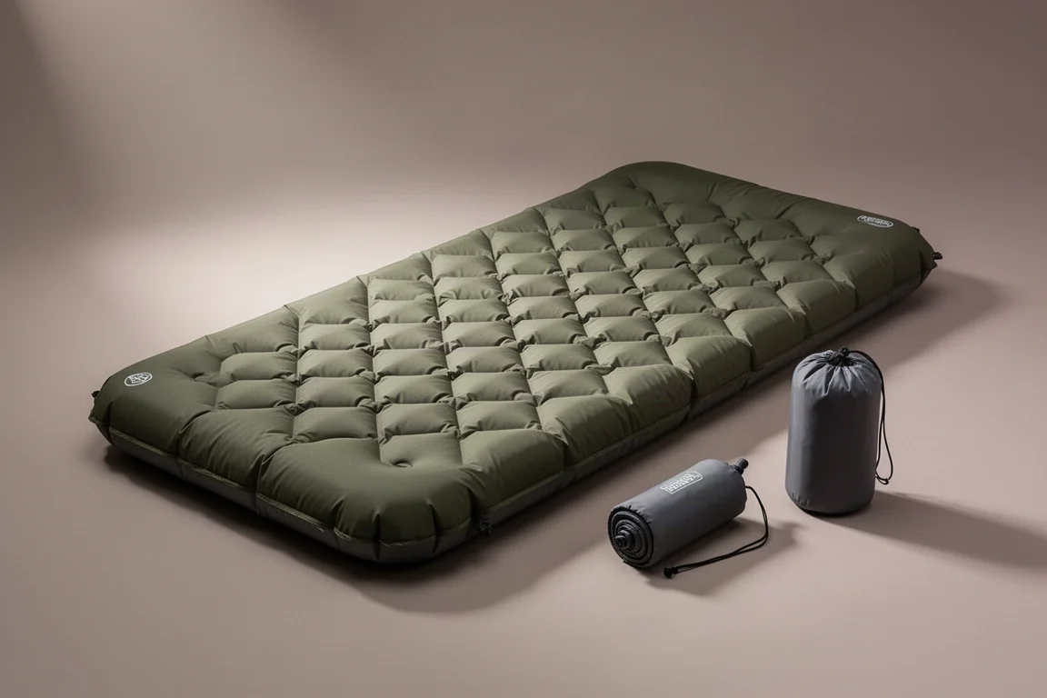 Insulated rectangular camping sleeping pad with quilted baffles on a neutral backdrop