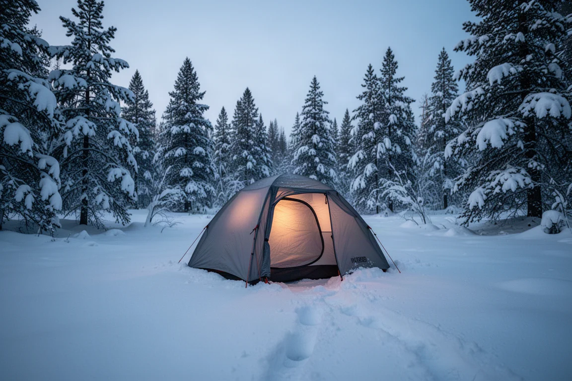 Tenda da backpacking montata su neve battuta in una radura di pini durante l'ora blu