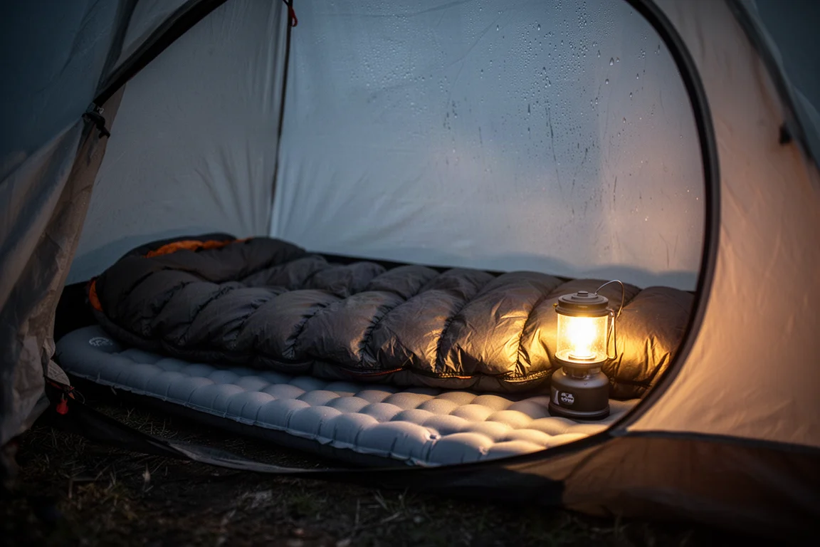 Interno di una piccola tenda di notte con un materassino largo e una quilt in piuma