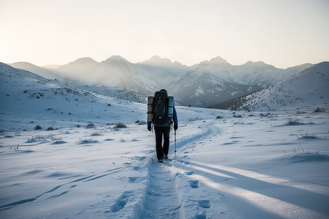 Backpacker che cammina su un sentiero di montagna innevato nella luce bassa del mattino