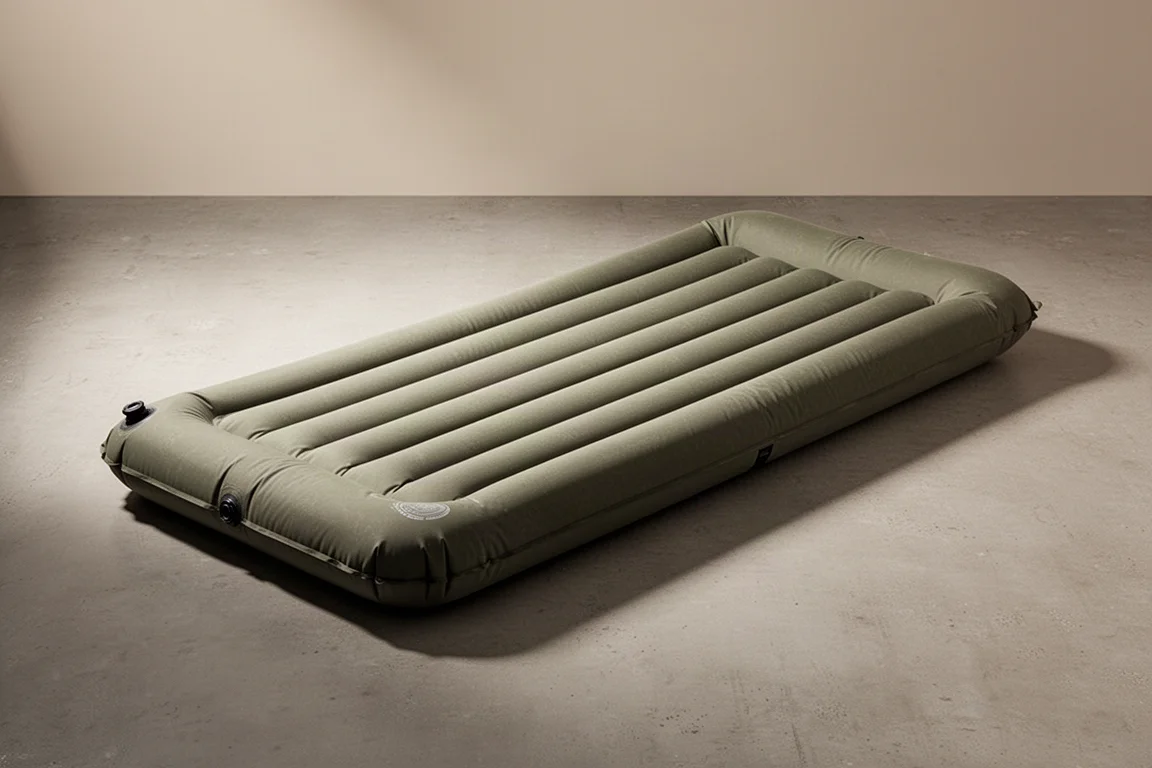 Inflated rectangular camping sleeping pad laid flat on a neutral studio surface