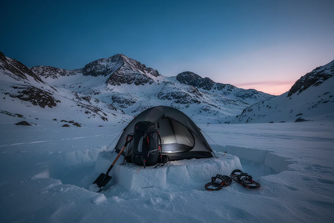Tenda da backpacking illuminata su un campo innevato all'ora blu con tracce che conducono ad essa