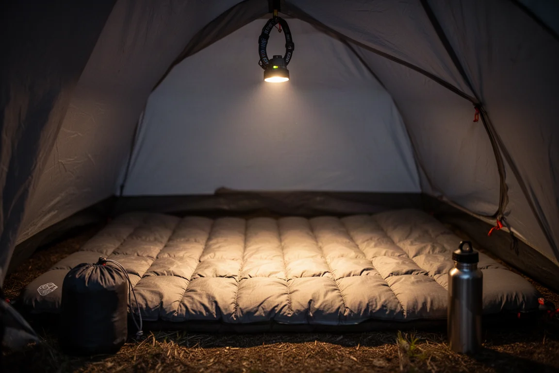 Interno di una tenda invernale di notte con un materassino largo e una quilt sul fondo