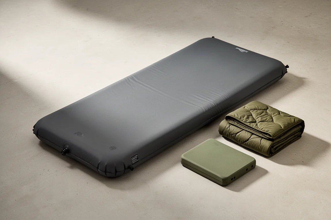 Inflated rectangular sleeping pad on a matte concrete surface in soft studio light