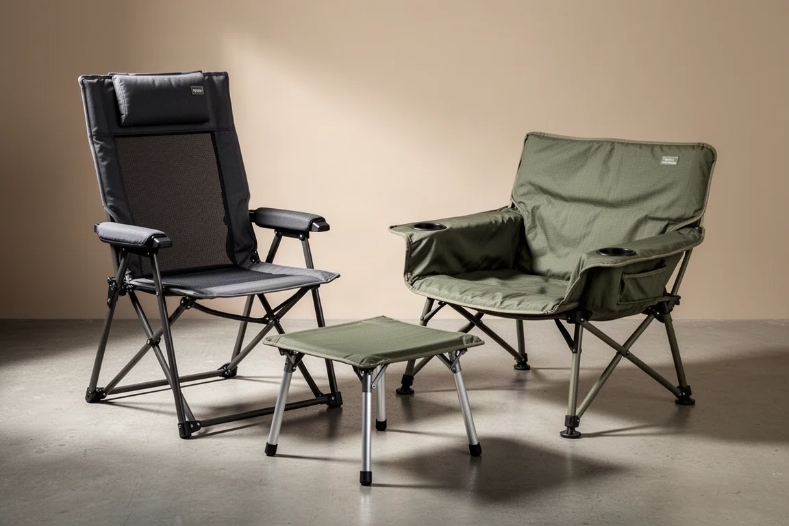Two high-back folding camping chairs with armrests side by side on a concrete surface