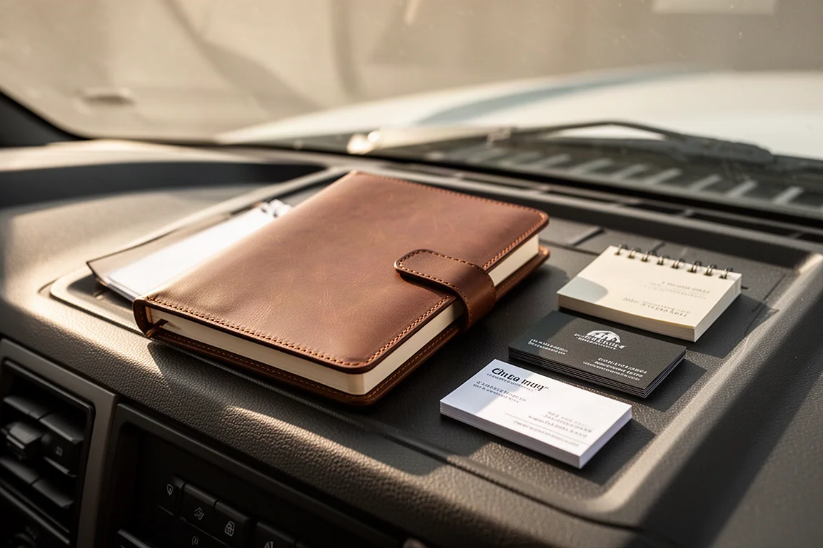 Leren notitieboek en notitieblok liggen in daglicht op het dashboard van een auto