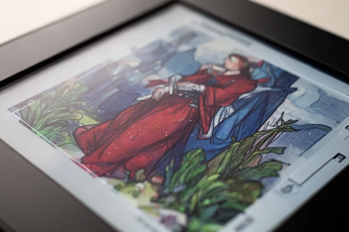 Primer plano de la pantalla de tinta electrónica a color mostrando una ilustración colorida