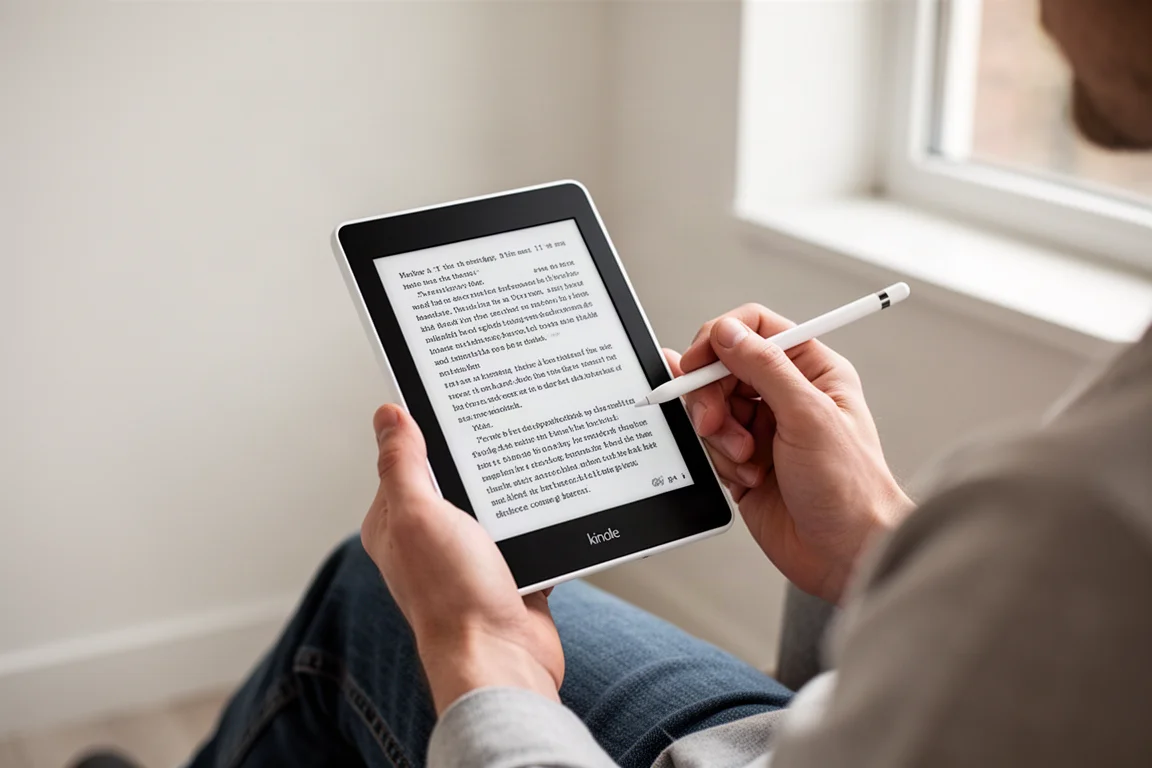 Person holding an 11-inch e-reader with a stylus in a bright reading room