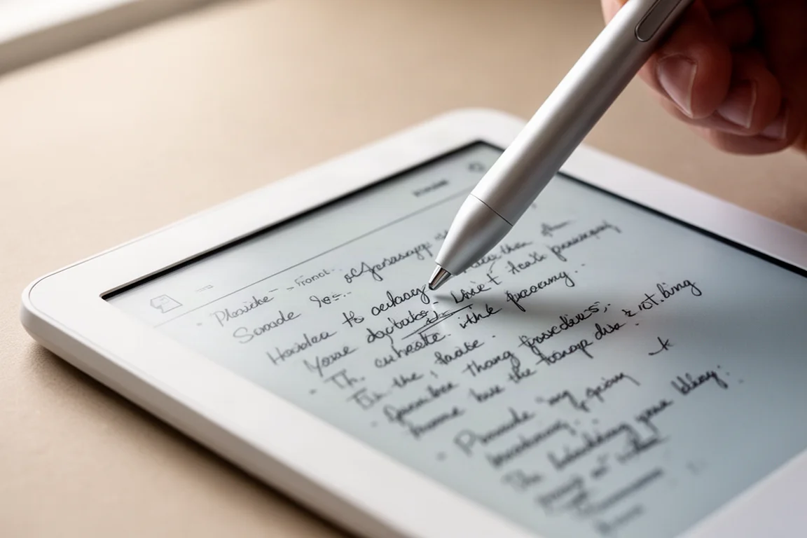 Close-up of a stylus pen writing on an e-reader screen showing handwritten notes