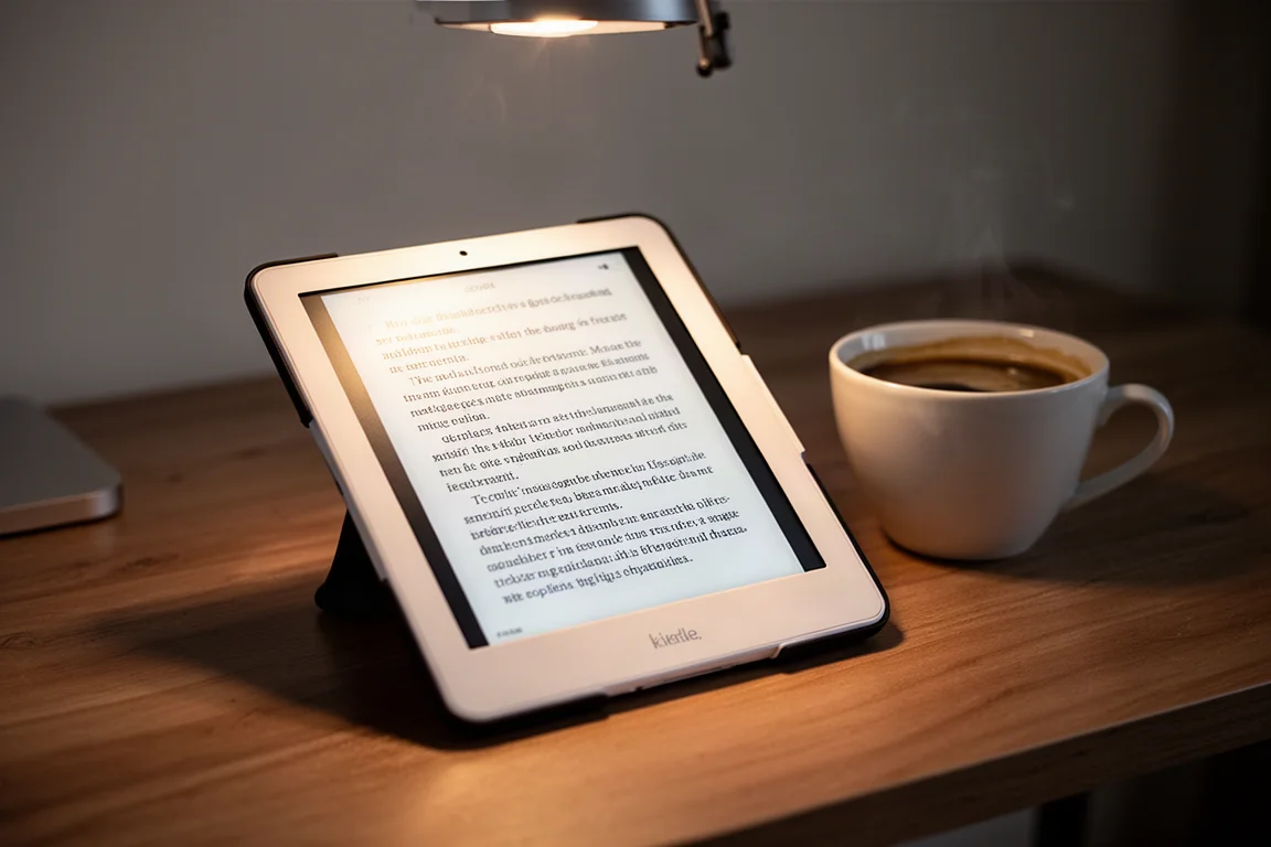 E-reader screen displaying a page of text with a warm front light in a dim room