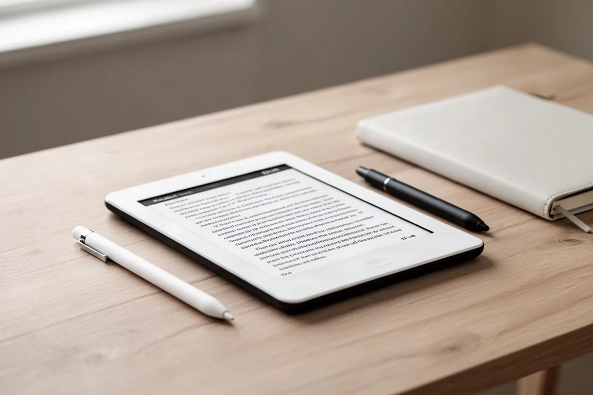 E-reader lying on a table next to a stylus pen and a notebook in soft daylight