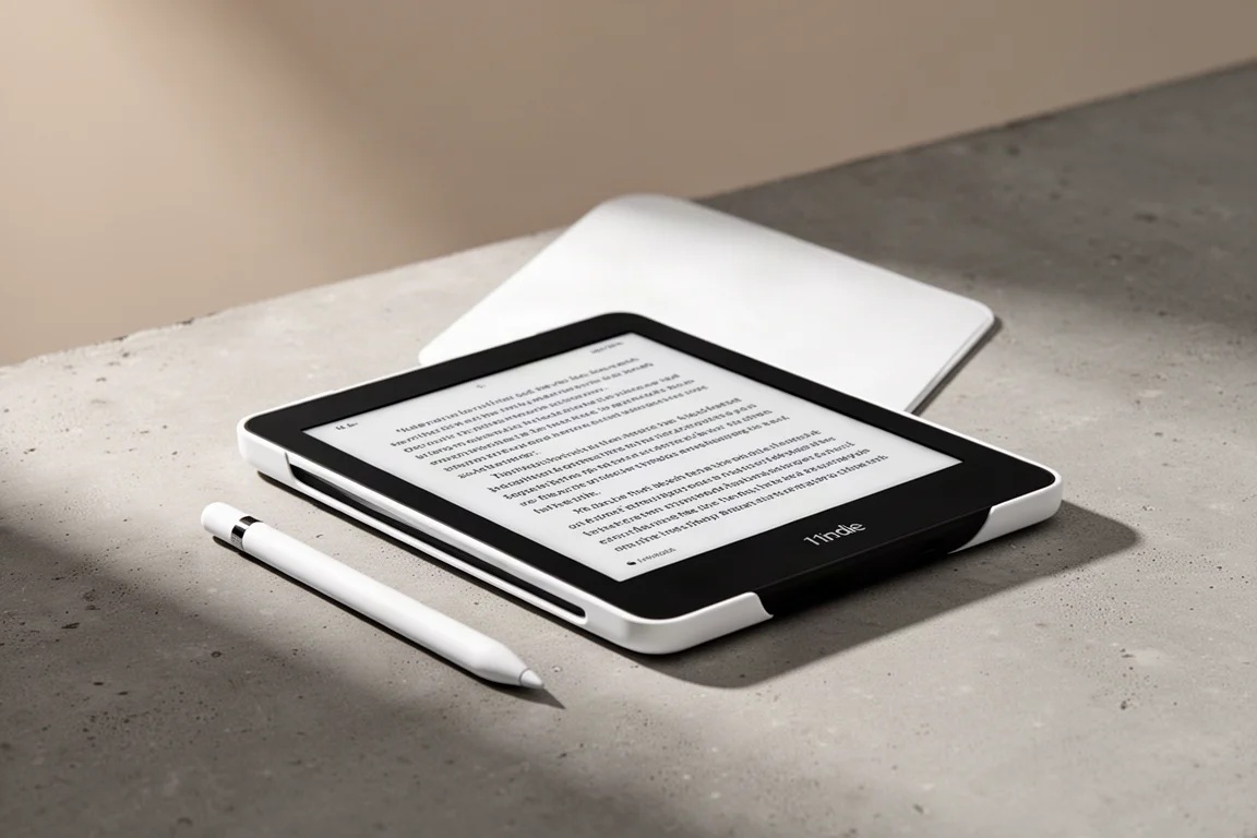 E-reader Kindle Scribe Gen 3 com caneta stylus sobre superfície de concreto fosco