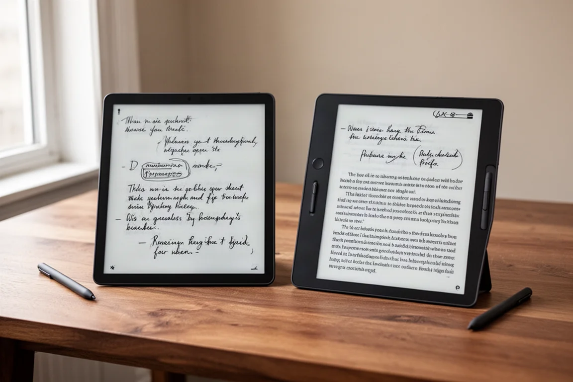 Dos tabletas de tinta electrónica lado a lado mostrando notas escritas a mano y texto