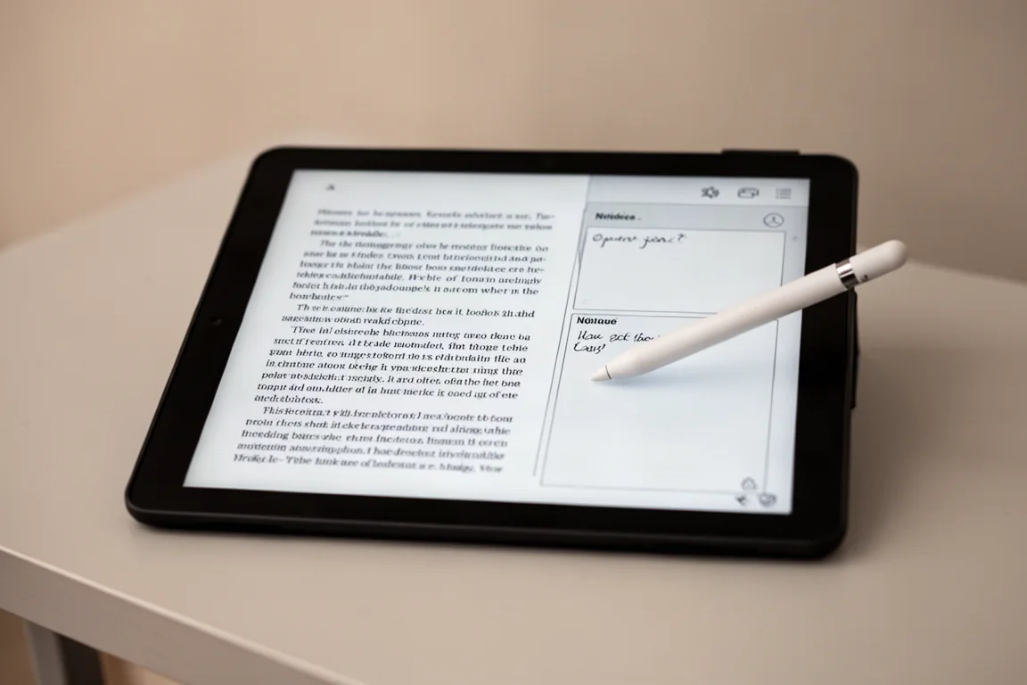 Tableta de tinta electrónica mostrando una página de lectura con un panel de toma de notas en pantalla dividida