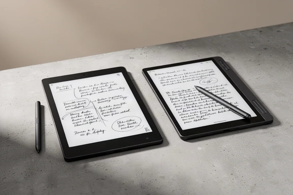 Tablets e-ink Kindle Scribe e Boox Go 10.3 Gen 2 Lumi lado a lado sobre superfície de concreto
