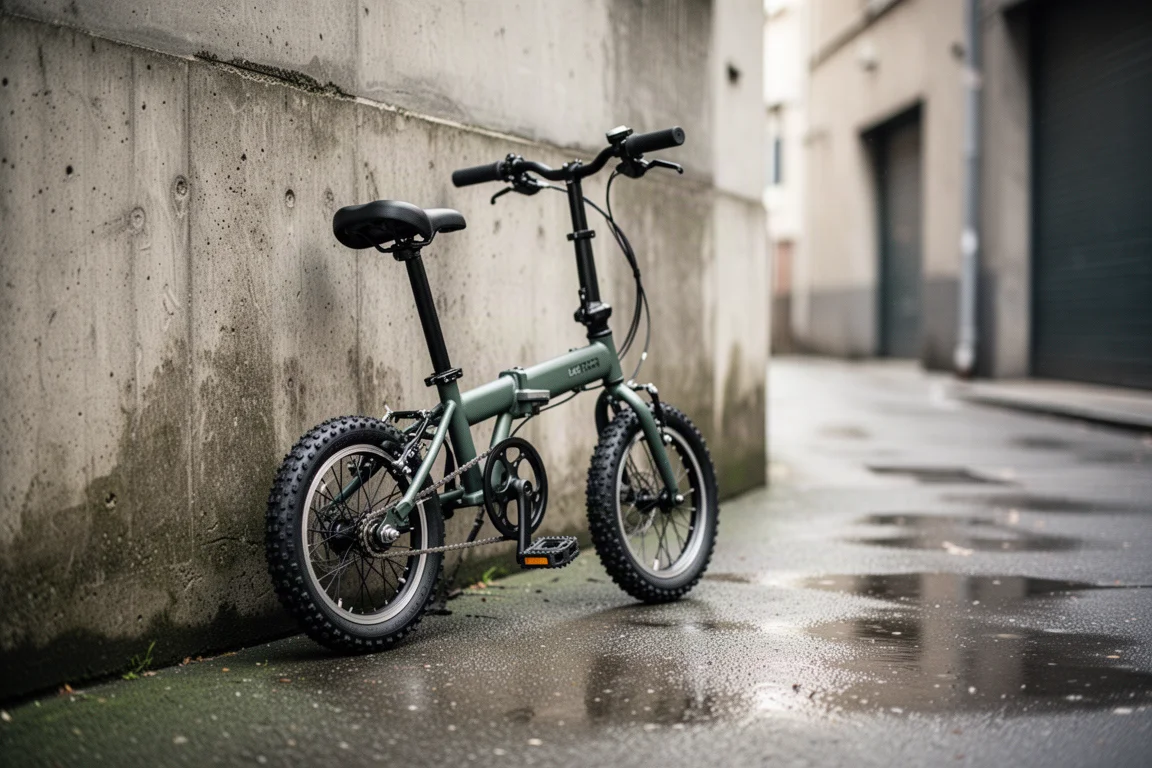 Compacte vouwfiets met gemonteerde noppenbanden tegen een muur geleund