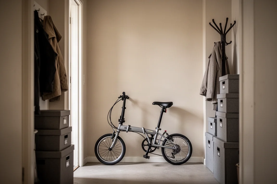 Fietser bergt een gevouwen fiets op in een kleine gang van een appartement