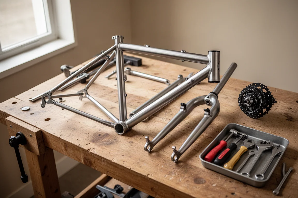 Werkbank met onderdelen van een fietsframe en gereedschap netjes uitgestald