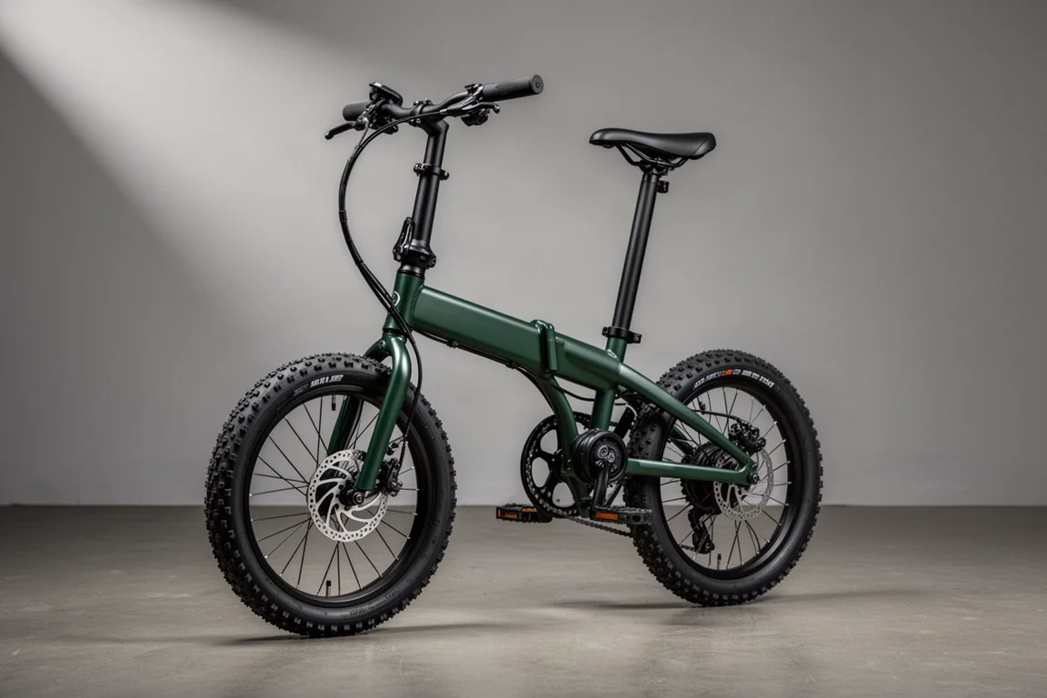 Compacte vouwfiets met noppenbanden en schijfrem tegen een neutrale grijze achtergrond