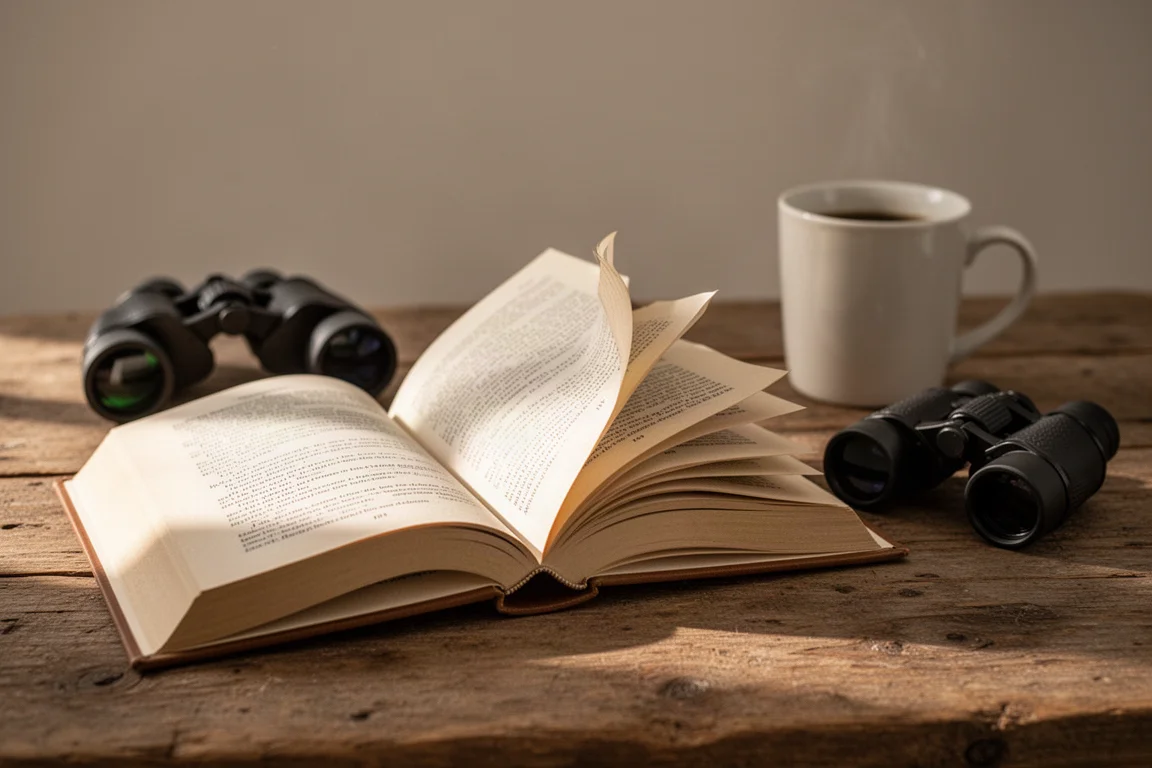 Open paperback book on a wooden table with binoculars resting nearby