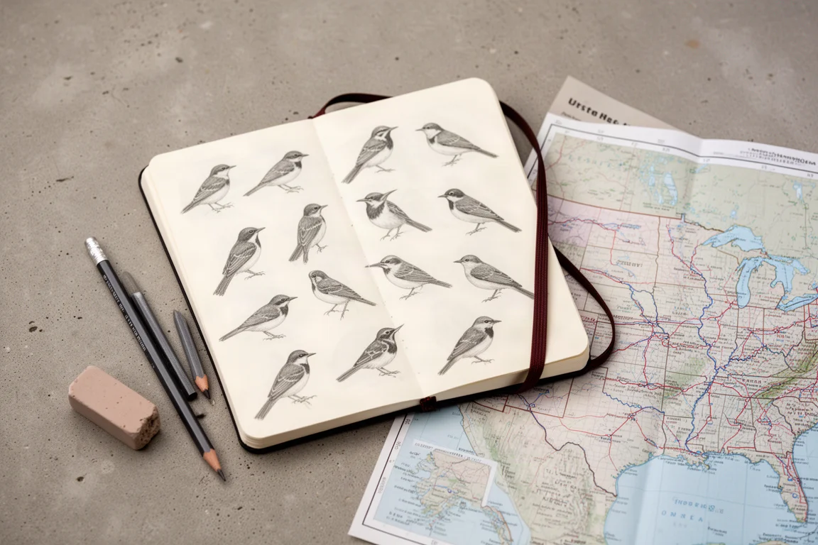 Open birding field notebook with pencil and small sketches on a desk