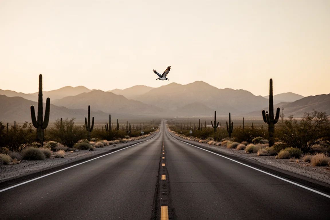 Open road stretching through desert scrub under a wide sky