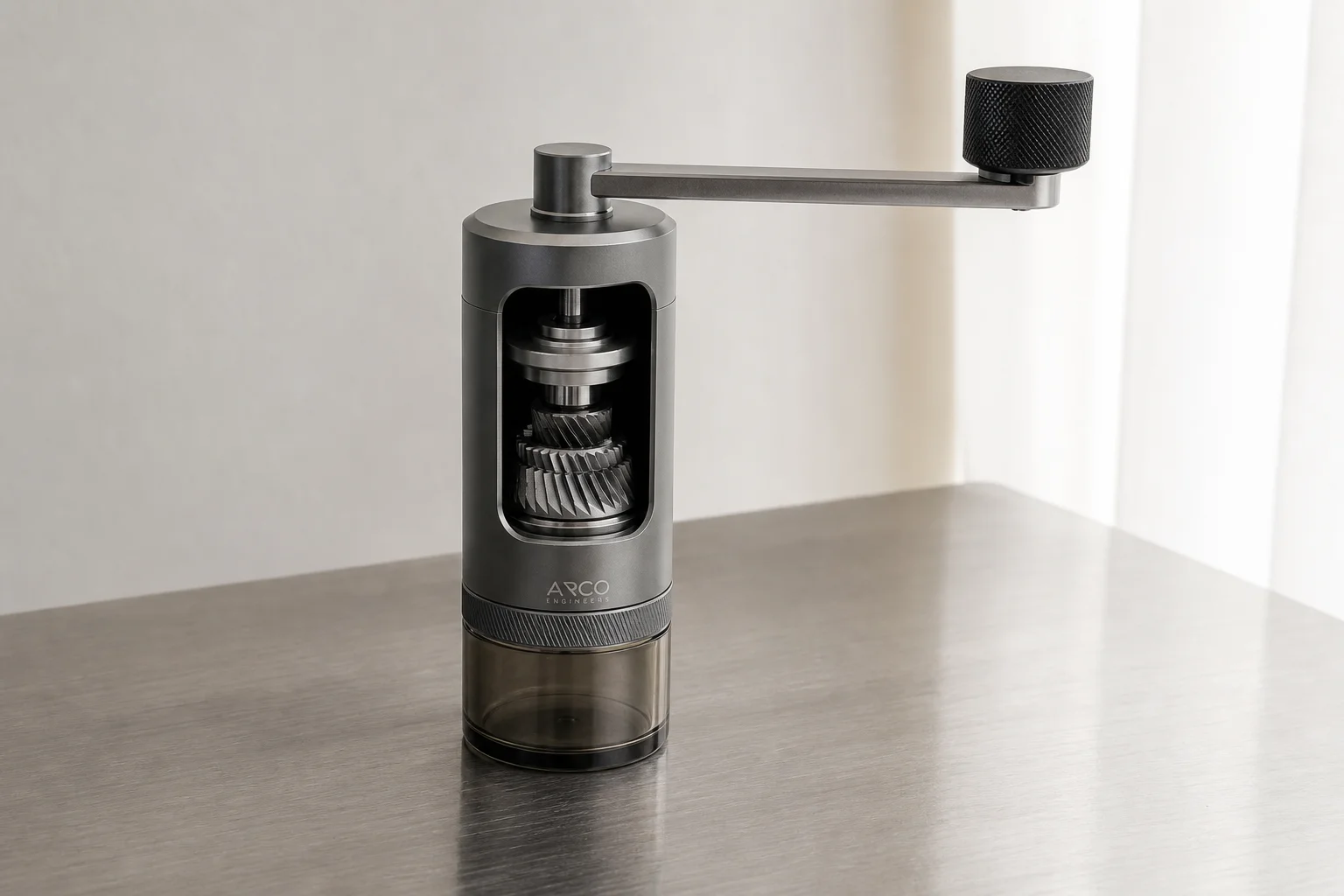 Five coffee grinders from budget electric to commercial bulk models arranged on concrete