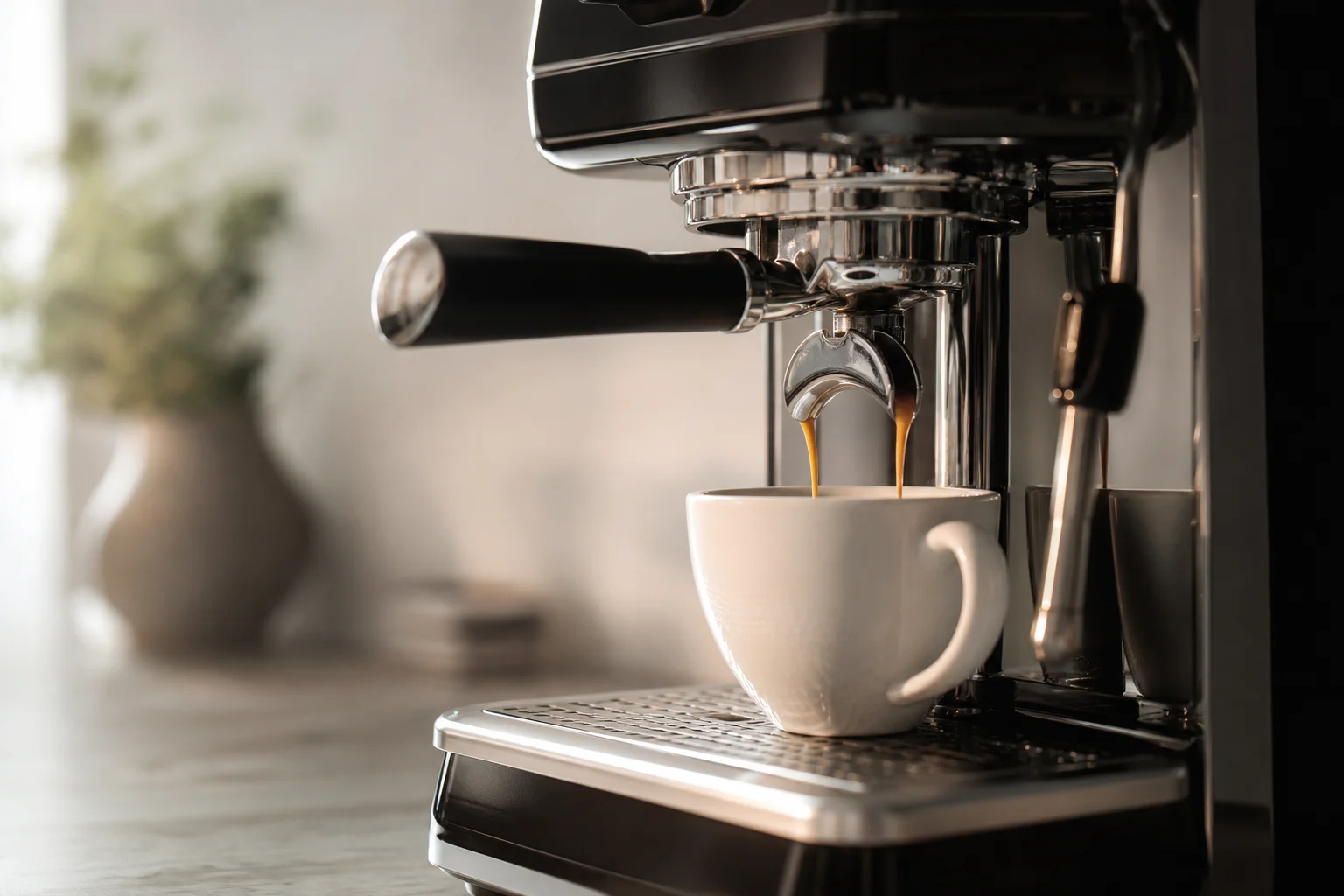 Espresso shot being pulled from a portafilter into a white cup