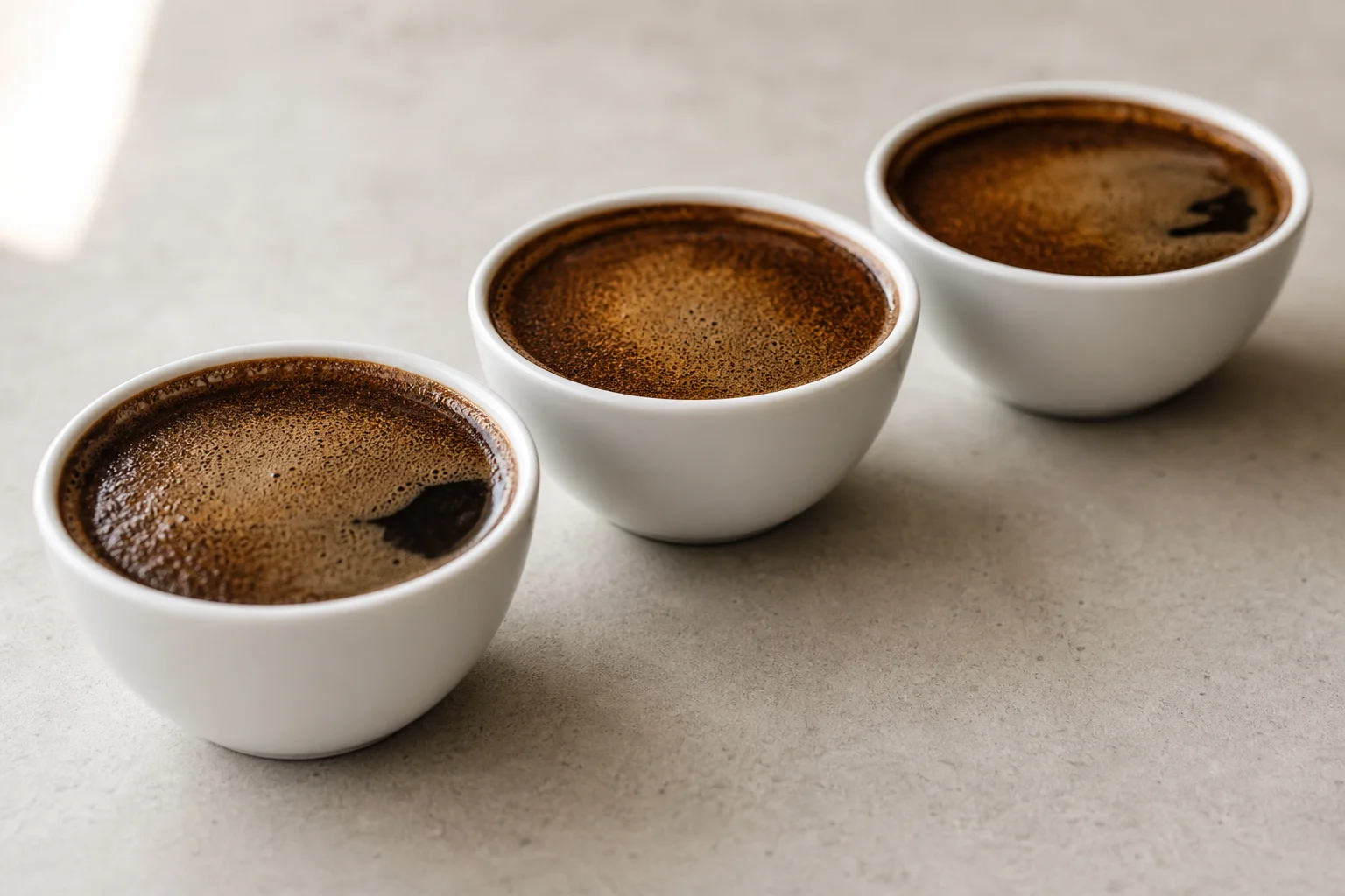 Three cups of brewed coffee arranged for blind tasting comparison