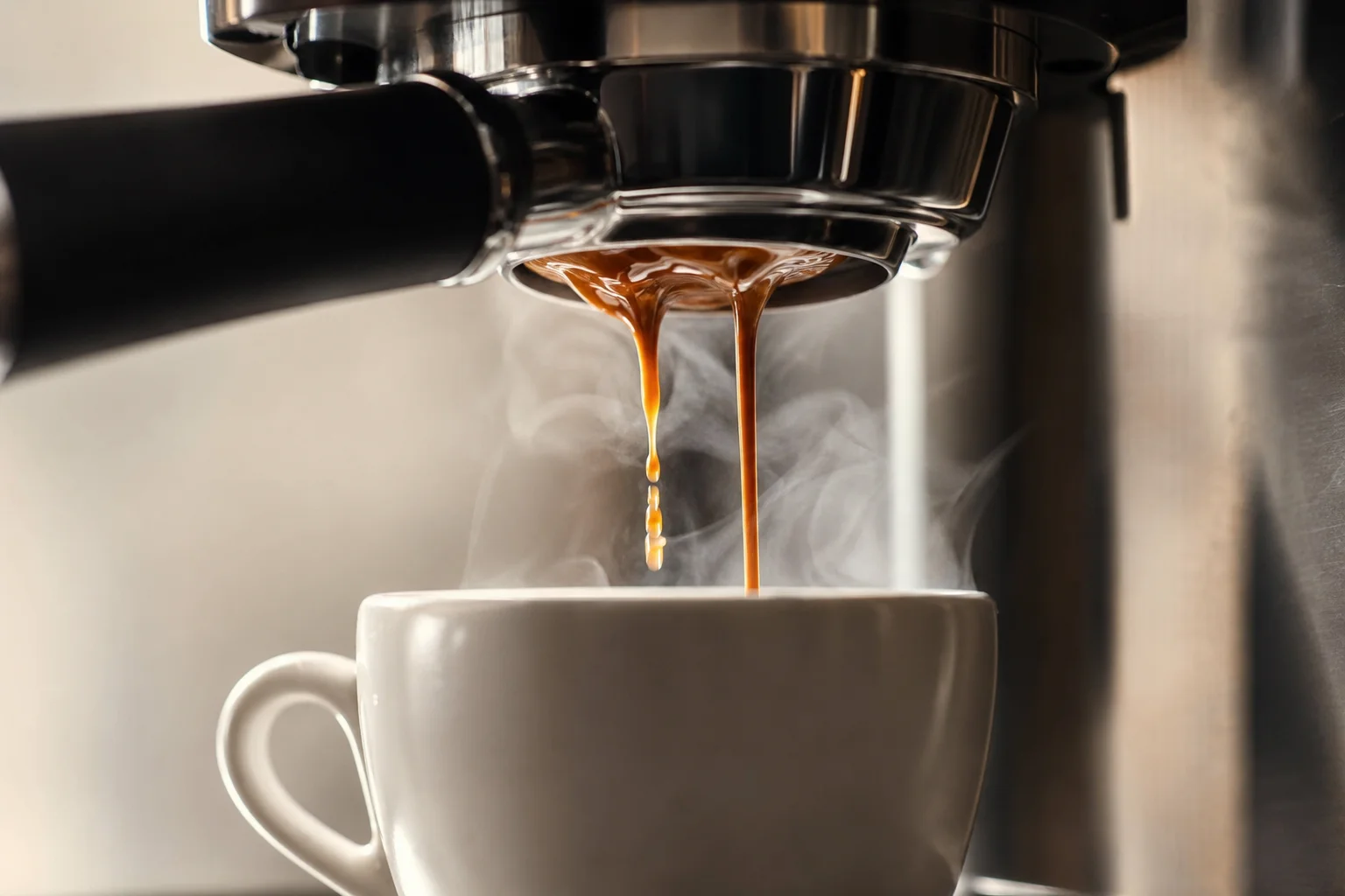 Espresso shot being pulled from a portafilter into a cup
