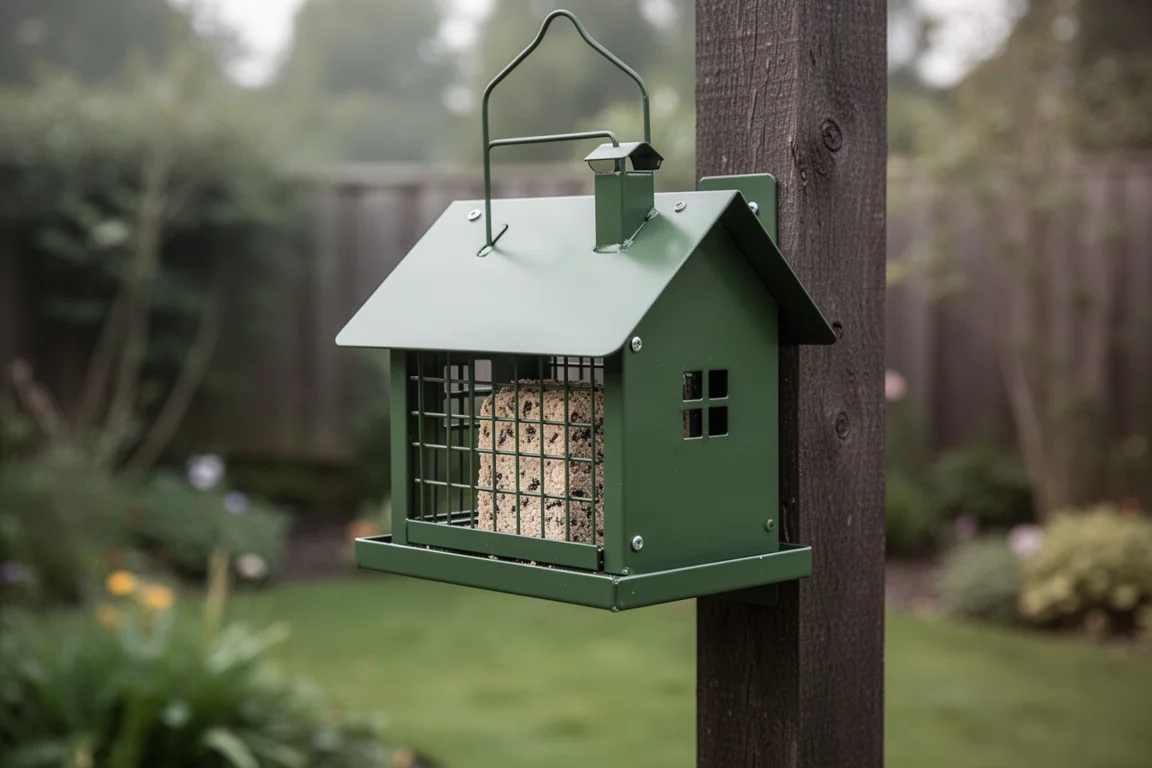 Green house-shaped suet feeder on a wooden post in a backyard garden