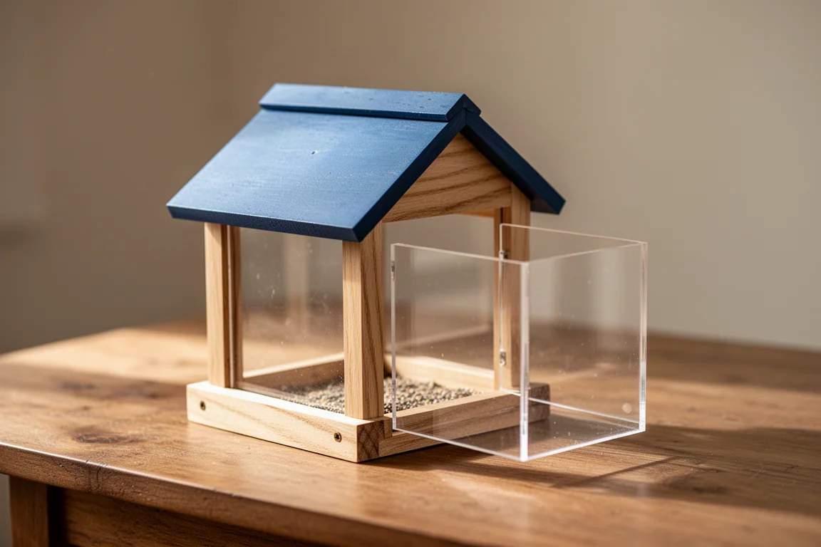 Small wooden bird feeder with blue roof on a table during setup