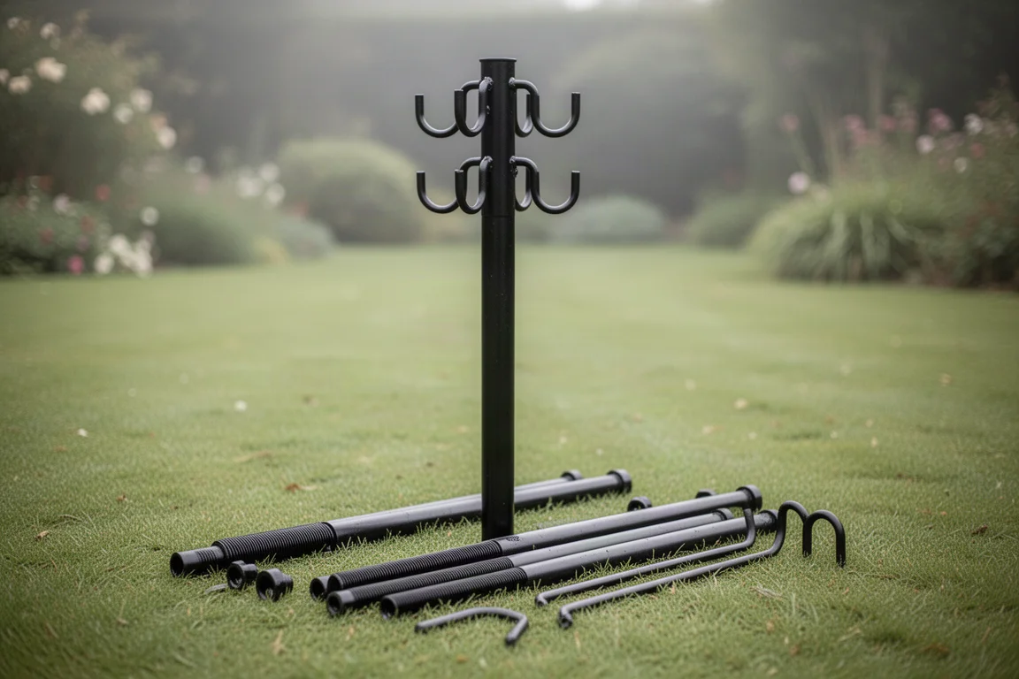 Black metal feeding station pole being assembled on grass