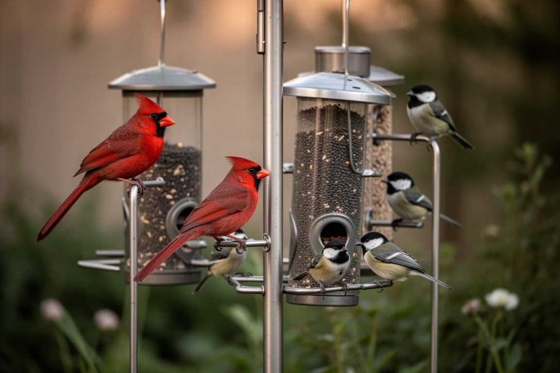 Songbirds perched at backyard feeders in soft light