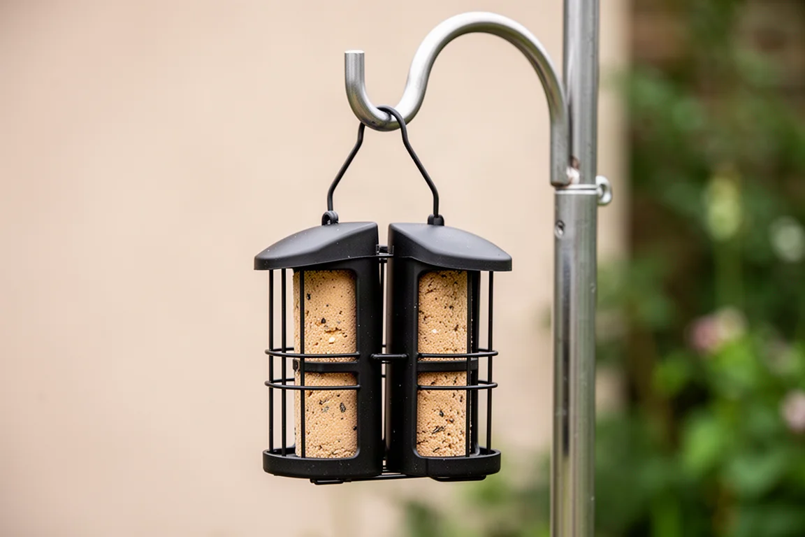 Dual suet cage feeder hanging from a feeding station hook