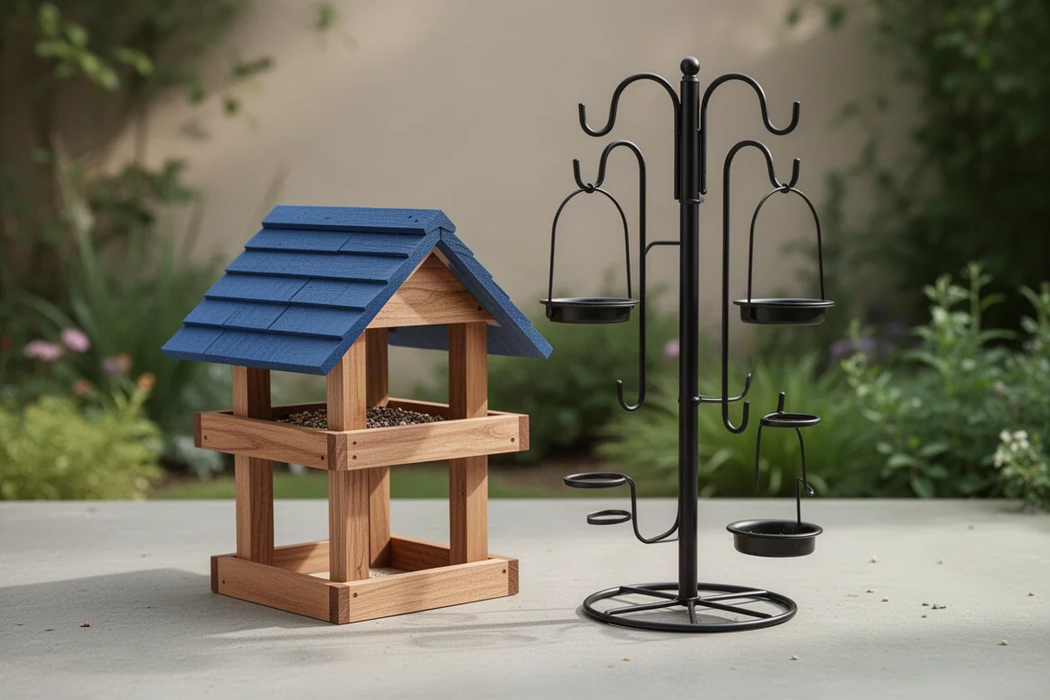Wooden hopper feeder with blue roof and metal feeding station pole on concrete