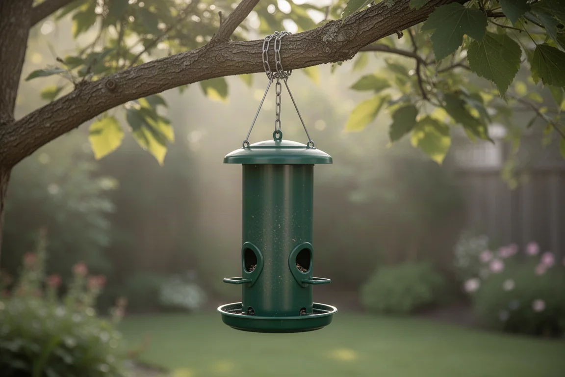 Mangeoire double suspendue à une chaîne sur une branche d'arbre en douce lumière du jour