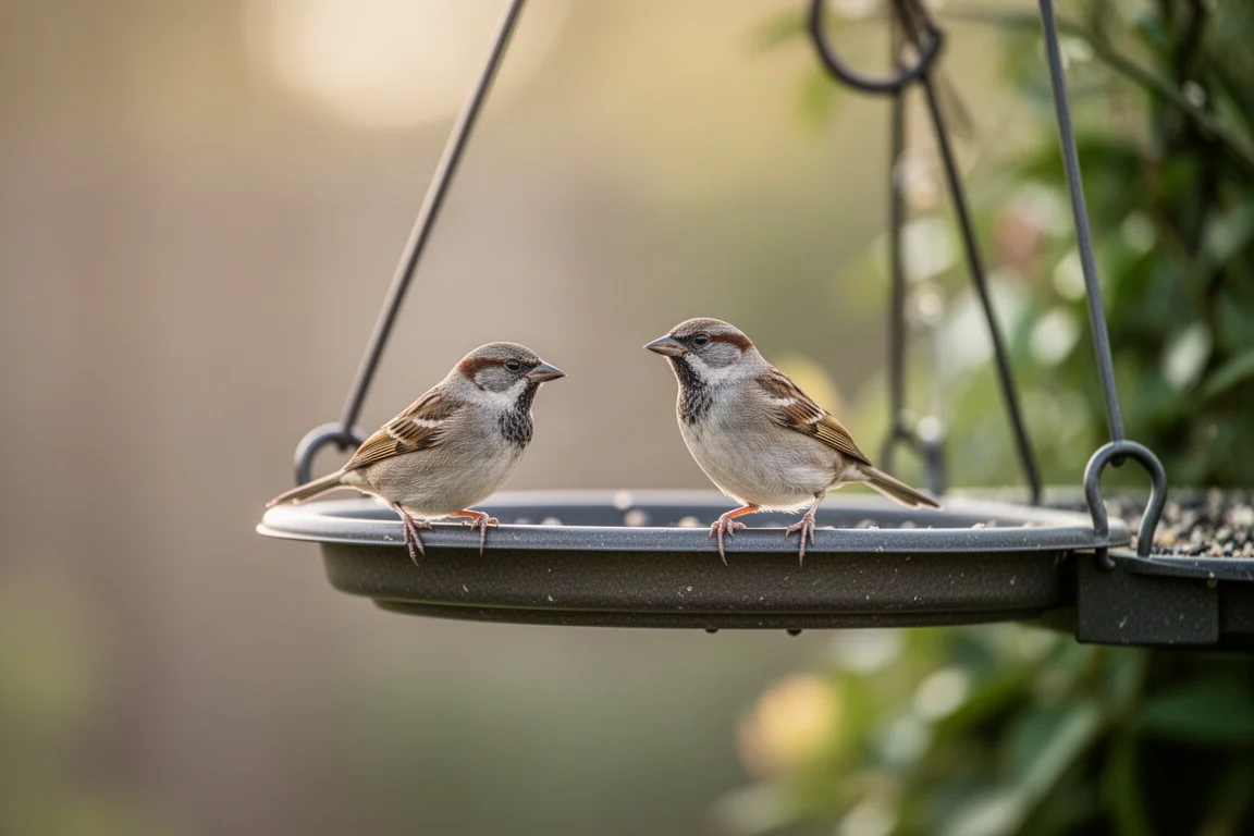 Petit oiseau chanteur perché au bord d'un plateau de mangeoire en extérieur