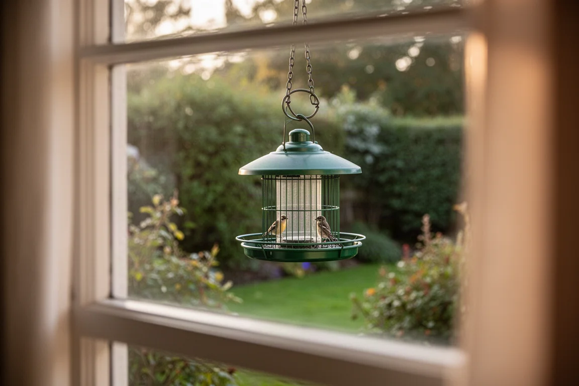 Mangeoire suspendue devant la fenêtre d'une maison avec un jardin en arrière-plan
