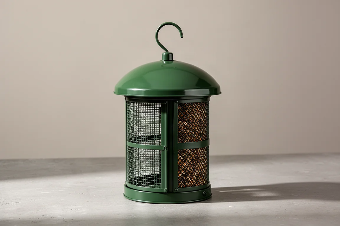 Kingsyard dual bird feeder with green metal body and plastic dome top on concrete