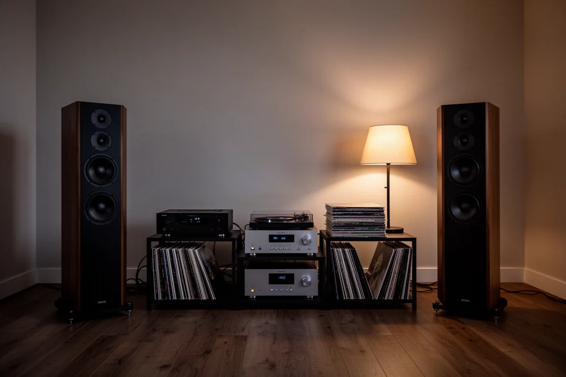 Listening room at dusk with floorstanding speakers, low equipment rack, and vinyl records